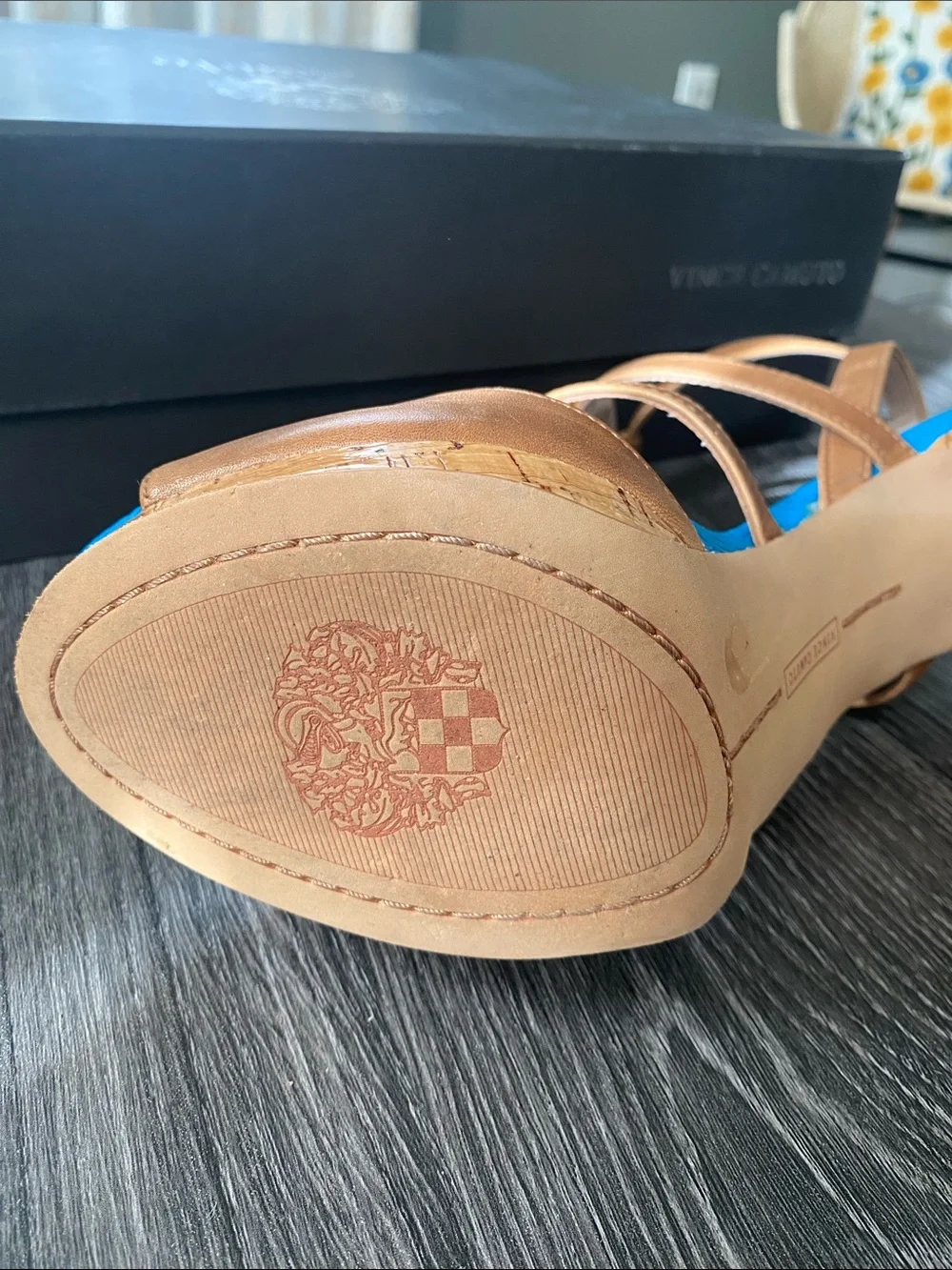 Vince Camuto Brown Leather Jeweled Wedge Sandals with Bright Blue Insole